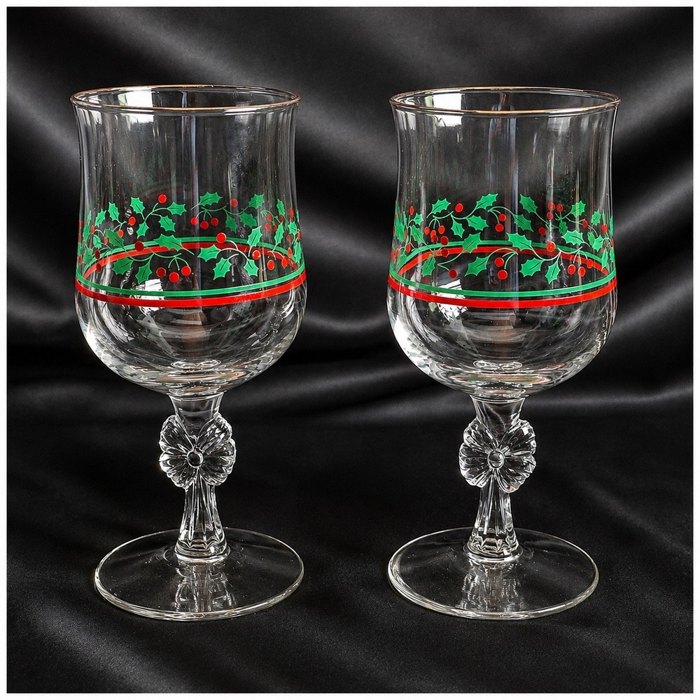 Spode Christmas Tree Wine Glasses Set of 3 Gold Trim Bow Stem 7 7/8" Tall